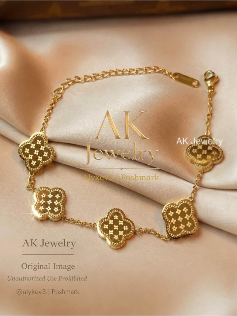 💎18k BRACELET Gold Clover 5 Motifs Flower Bracelet Etched Gold Plated